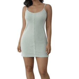 Cider Womens Ribbed Button Down Mini Dress Mint Green Spaghetti Strap New